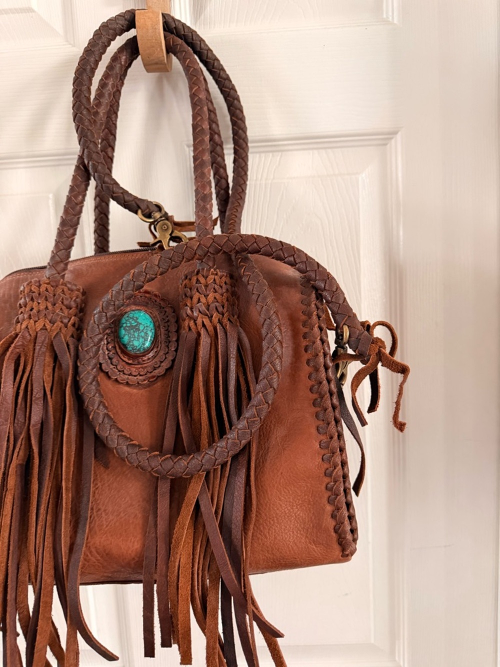 American Darling Brown Leather Fringe Tote with Turquoise Accent - Picture 2 of 6